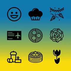 Vector icon set about birthday party with 9 icons related to type, abstract, multicolored, flower, man, copy space, rose, bloom, black and people