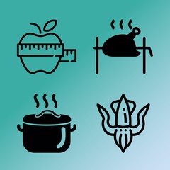 Vector icon set  about kitchen with 4 icons related to casserole, ink, person, fruit and environment