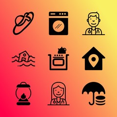 Vector icon set about home with 9 icons related to dam, decorative, gas, ingredient, summer, basket, sun, headdress, pile and owner