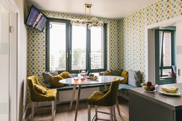 Dining room scandinavian style interior, studio apartment design