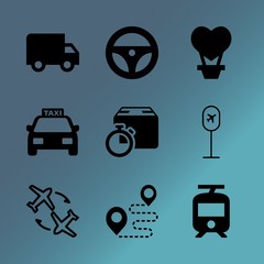 Vector icon set about transport with 9 icons related to mock, famous, taxi, aviation, asphalt, cardboard, cityscape, highway, love and road