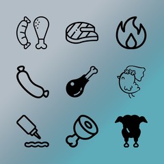 Vector icon set about barbecue with 9 icons related to sauce, organic, dining, rural, fast, poultry, barbecue, burn, rosemary and top