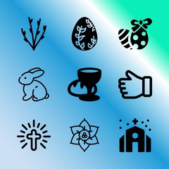 Vector icon set about easter with 9 icons related to faithful, ancient, catholicism, eucharist, light, heaven, woman, happy, botany and vintage