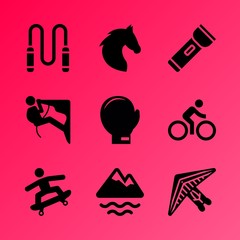 Vector icon set about fitness and sport with 9 icons related to adrenalin, win, medieval, paraglide, sea, mountain, mountain river, background, life and mountaineering