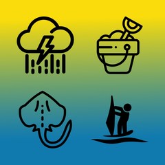 Vector icon set  about sea with 4 icons related to outdoors, lightning, red, green and bucket
