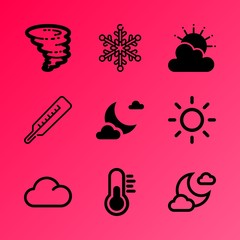 Vector icon set about weather with 9 icons related to sunset, science, medical, geometric, heat, star, pattern, universe, cyclone and tornado