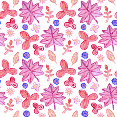 Hand painted watercolor seamless pattern with floral details in pink and violet colors isolated on white 