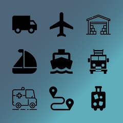 Vector icon set about transport with 9 icons related to landscape, terminal, train, passport, urgent, white, aid, vacation, security and firefighter