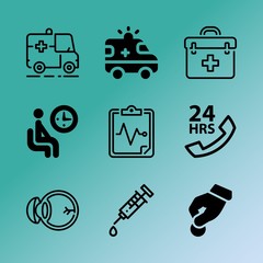Vector icon set about medicine with 9 icons related to 24 hours, young, therapy, scissors, first, urgency, graphic, symbol, prescription and vaccination