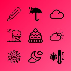 Vector icon set about weather with 9 icons related to frosts, motion, sun, hot, bokeh, concept, nature, pattern, woolen and table