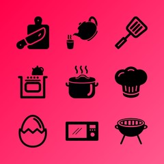 Vector icon set about kitchen with 9 icons related to work, background, yolk, pepper, organic, grilling, teapot, brown, top and snack