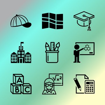 Vector icon set about education with 9 icons related to world, intelligence, blank, woman, colorful, computer, baseball, head, image and schoolchildren