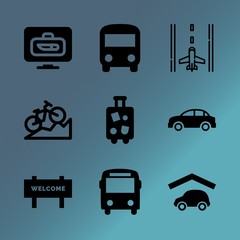 Vector icon set about transport with 9 icons related to man, trunk, boarding, exploring, sky, automobile, luggage, runway, track and roof rack