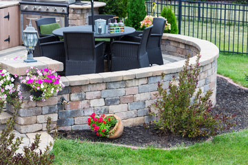 Comfortable seating on a raised exterior patio - 214681155
