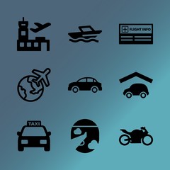 Vector icon set about transport with 9 icons related to stroller, person, energy, rocket, luxury, inside, trailer, hat, truck and shape