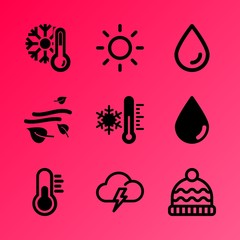 Vector icon set about weather with 9 icons related to glare, light, japanese, personal, climate, freezer, wear, card, sunshine and grass