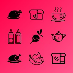 Vector icon set about kitchen with 9 icons related to sausace, cantonese, crust, paprika, pot, ingredient, weight, mug, bacon and traditional