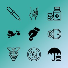 Vector icon set about medicine with 9 icons related to volunteer, assay, help, protection, science, aroma, human, labor, pregnant and petrie