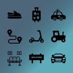 Vector icon set about transport with 9 icons related to auto, board, wheel, traffic, handbag, bike, illustration, caution, concept and officer