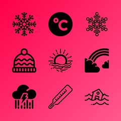 Fototapeta premium Vector icon set about weather with 9 icons related to fog, beautiful, effect, mercury, ornate, scale, yellow, speed, warm and woolen