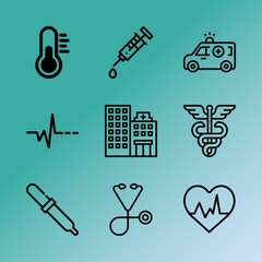 Fototapeta premium Vector icon set about medicine with 9 icons related to building, syringe, woman, action, 911, portrait, human, occupation, injection and diagnosis