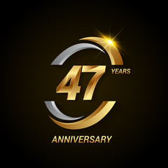 47 Years Anniversary Celebration Logotype. Golden Elegant Vector Illustration with Swoosh, Isolated on Black Background can be use for Celebration, Invitation, and Greeting card