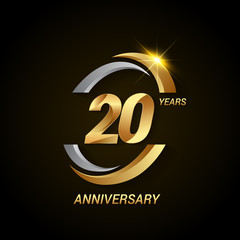 20 Years Anniversary Celebration Logotype. Golden Elegant Vector Illustration with Swoosh, Isolated on Black Background can be use for Celebration, Invitation, and Greeting card