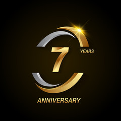 7 Years Anniversary Celebration Logotype. Golden Elegant Vector Illustration with Swoosh, Isolated on Black Background can be use for Celebration, Invitation, and Greeting card