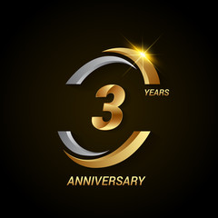 3 Years Anniversary Celebration Logotype. Golden Elegant Vector Illustration with Swoosh, Isolated on Black Background can be use for Celebration, Invitation, and Greeting card