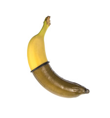 banana in a black condom on a white background