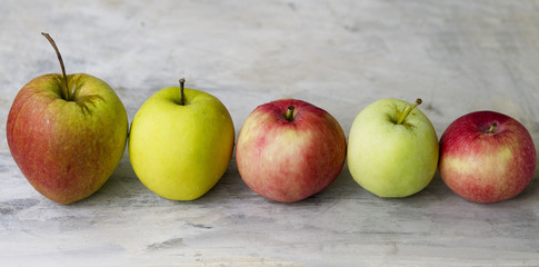 Five apples in a row of different varieties on a gray background. Close up