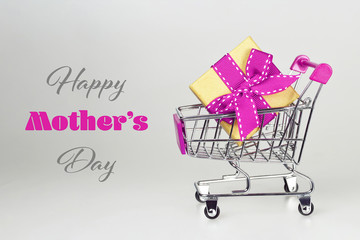 Happy Mothers Day card with shopping cart and gift
