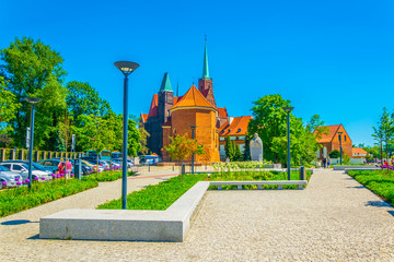 Church of Saint Marcin and statue of pope John Paul II at Wroclaw, poland