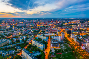 Sunset aerial view of Wroclaw, Poland