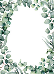 Watercolor frame with eucalyptus leaves. Hand painted baby, seeded and silver dollar eucalyptus branch isolated on white background. Floral illustration for design, print, fabric or background.