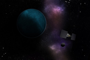 Spacecraft flying to unknown planet, stars and nebula in outer space. Space exploration.
