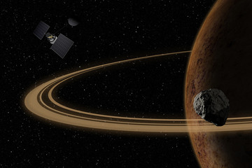 Spacecraft flying to unknown planet, stars and nebula in outer space. Space exploration.