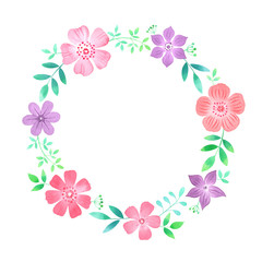 Fototapeta premium Watercolor floral wreath. Circle frame design with flowers and leaves