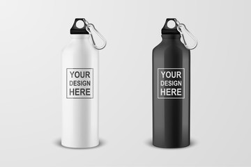 Vector realistic 3d white and black empty glossy metal water bottle with black bung icon set closeup on white background. Design template of packaging mockup for graphics. Front view - obrazy, fototapety, plakaty