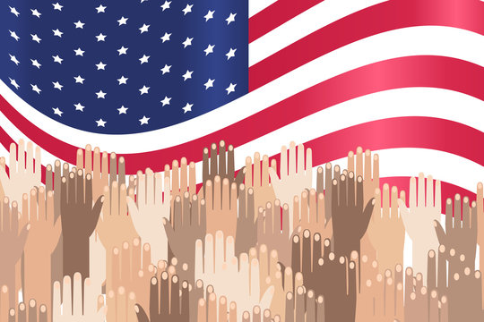 Multiracial Colorful Peoples' Hands Raised. illustration of Human Rights Day background.