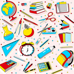 Back to school seamless pattern in red, blue and yellow