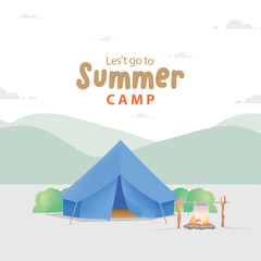 Summer Camp with the blue camp and campfire illustration vector. Camping concept.