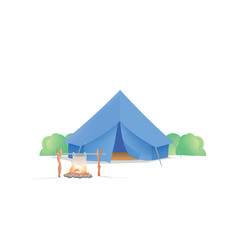 Summer Camp with the blue camp and campfire on white background illustration vector. Camping concept.
