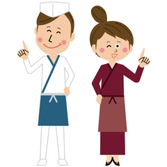 ポップな板前と仲居さんが指差し