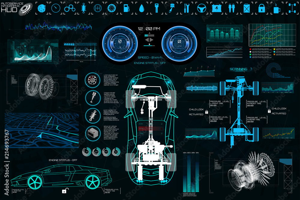 Poster car auto service, modern design hud, diagnostic auto (view from above) virtual graphical interface i