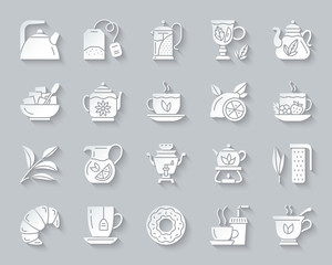 Tea simple paper cut icons vector set