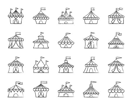 Circus Tent charcoal draw line icons vector set