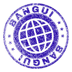 BANGUI stamp imprint with distress effect. Blue vector rubber seal imprint of BANGUI text with retro texture. Seal has words placed by circle and planet symbol.