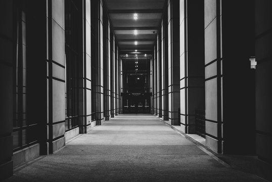 A corridor at Robert D. Orr Plaza at night, in Indianapolis, Indiana.