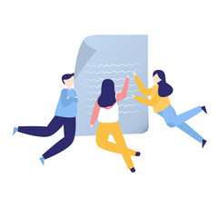 Team of friends reading review paper document and negotiating collaboration together. vector illustration